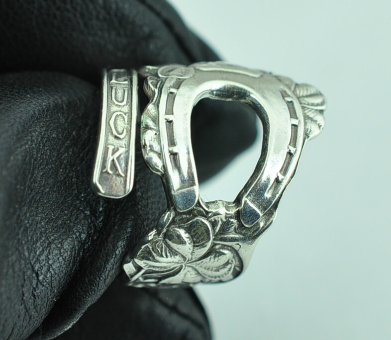 Solid 925 Sterling Silver Four-Leaf-Clover Horseshoe Adjustable Spoon Ring