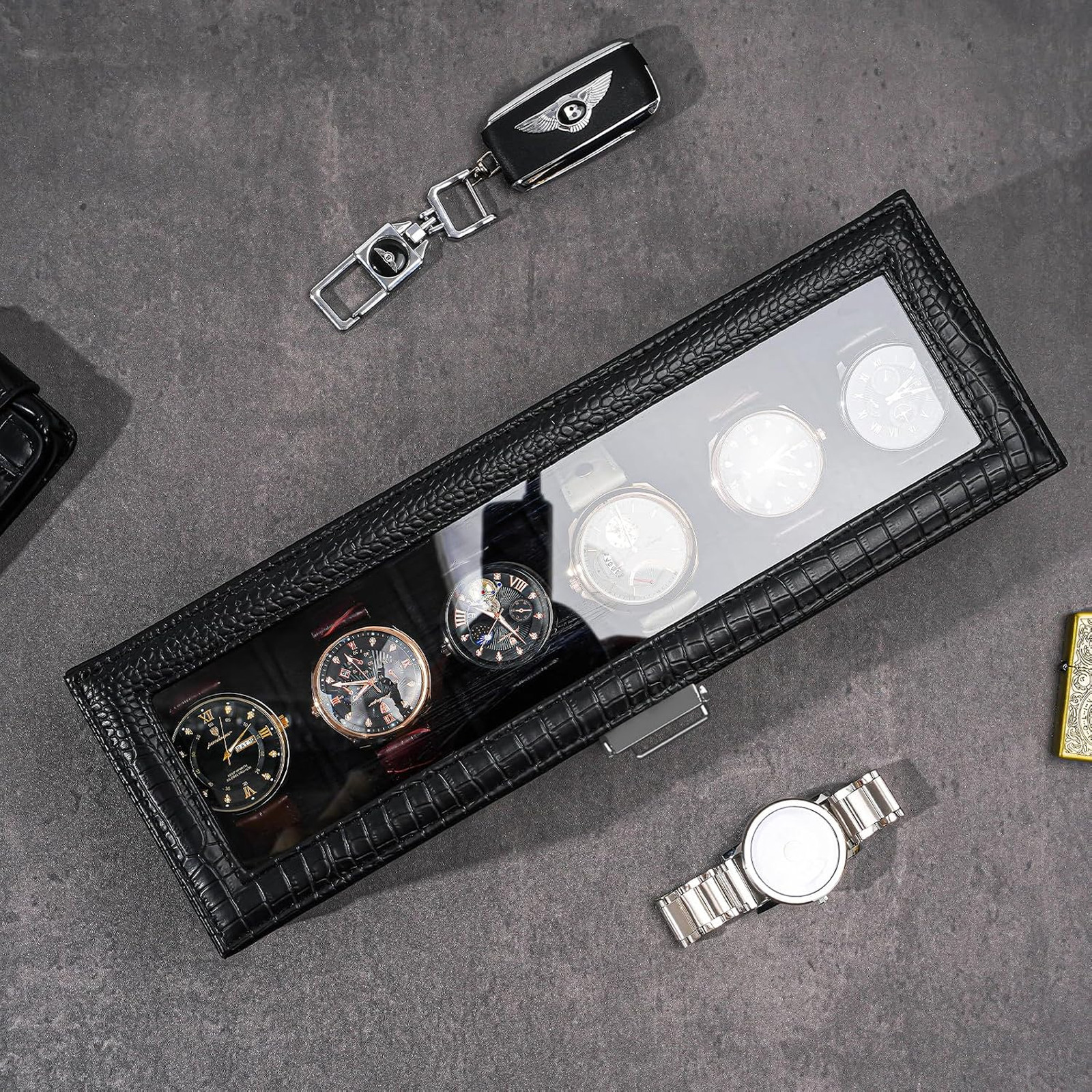 Watch Display Box with Drawer, Lizard Black PU Leather, 6 Slots, 2-Layer Jewelry