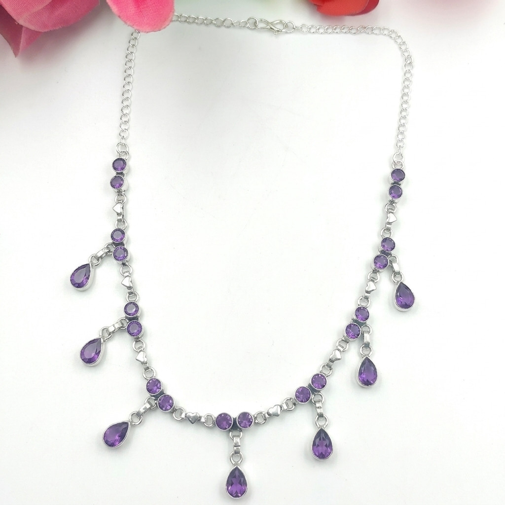 Purple Amethyst Gemstone Handmade 925 Sterling Silver Jewelry Necklace Sz-17-18″