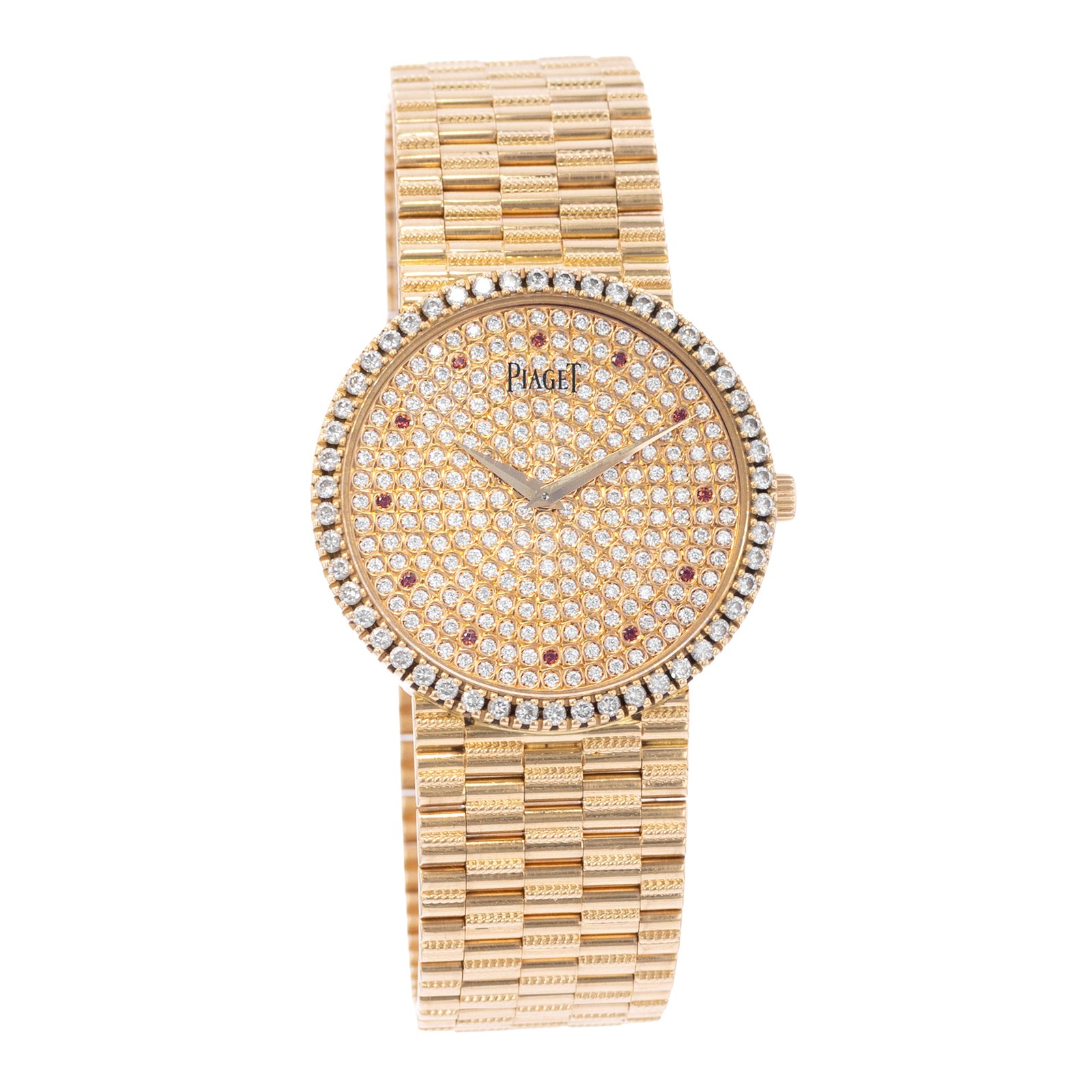 Piaget Dancer P10491 32mm Vintage Diamond Pave Dial 18k Yellow Gold Mens Watch