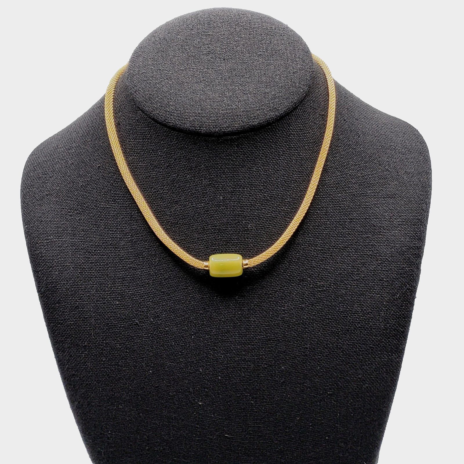 Crown Trifari Mesh Choker Necklace Lime Green Lucite Fixed Barrel Pendant 15 in
