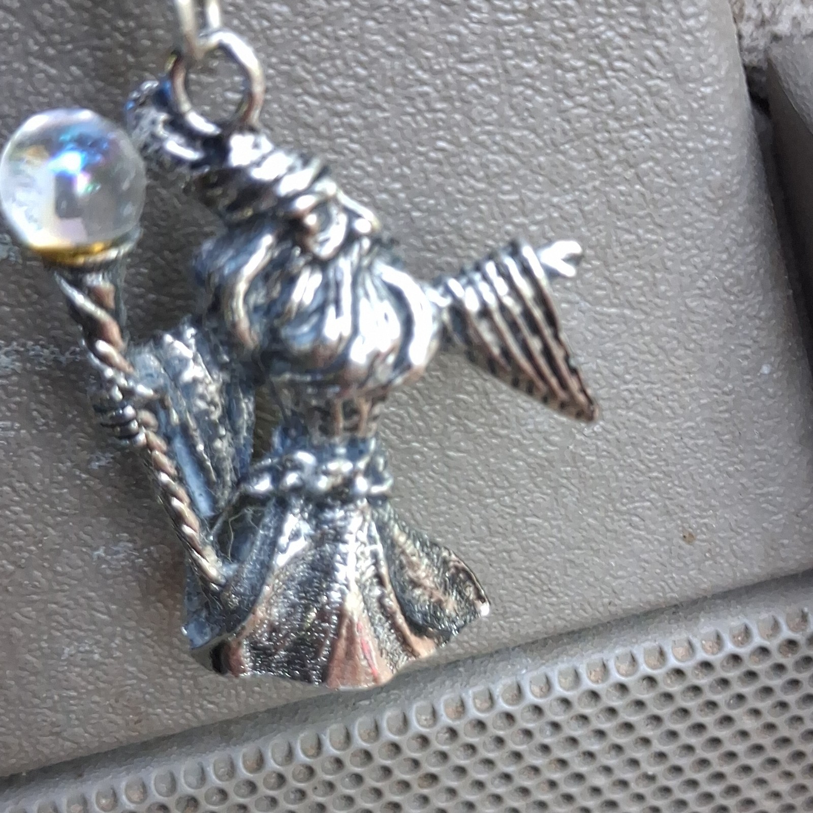 Pewter Wizard Charm Pendant Necklace Cable Chain Clear Round Stone