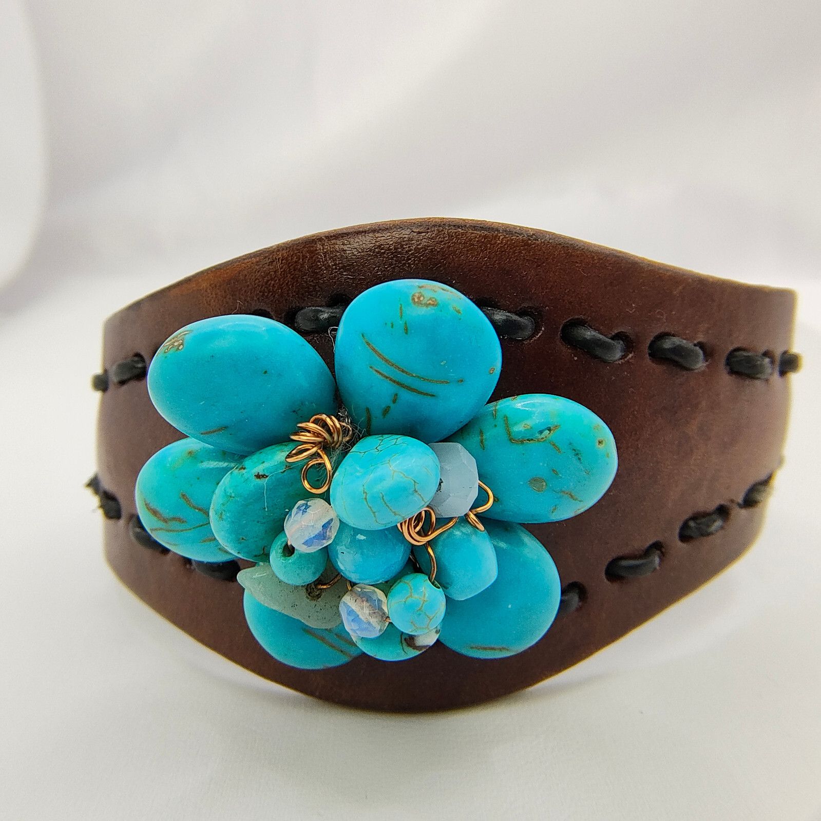 Leather Faux Turquoise Flower Cuff Bracelet Bohemian Ecclectic Statement
