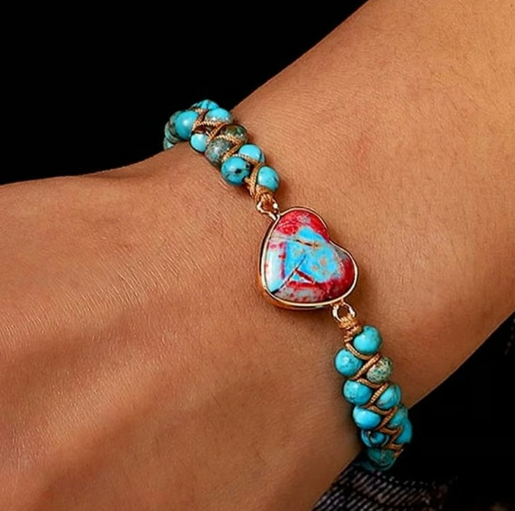 2025HOT!Natural Turquoise Stone Beaded Jasper Gemstone Heart Charm Bracelet Gift