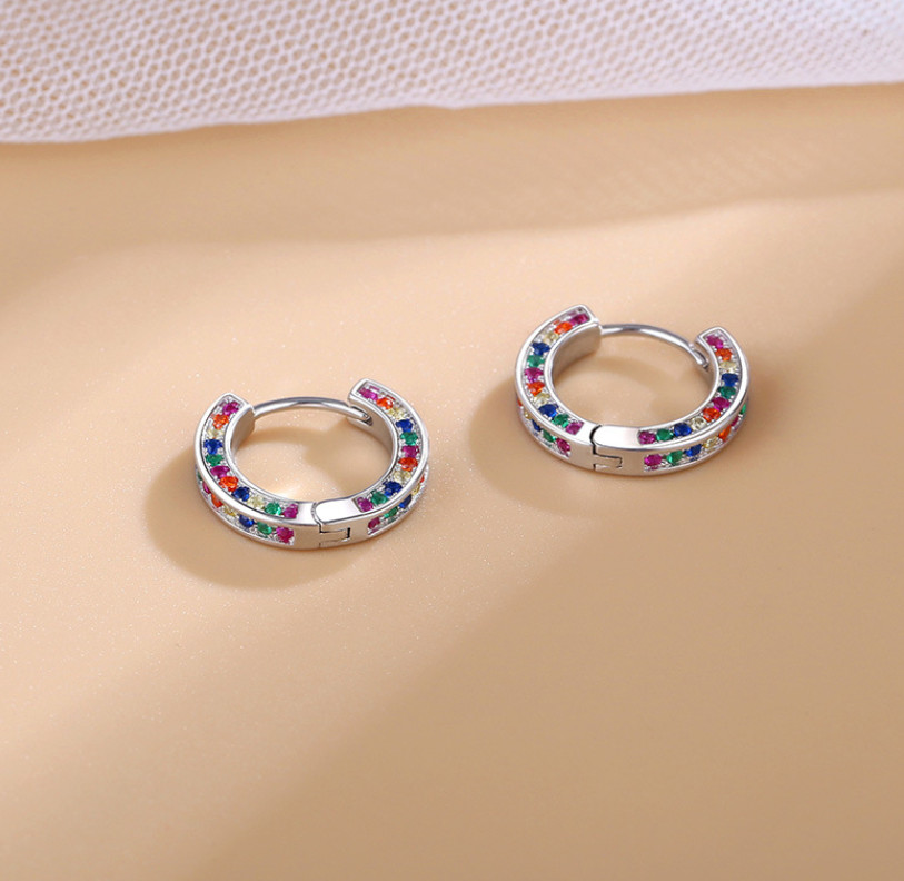 925 Sterling Silver Plated Colorful Cz Tube Huggie Hoop Earrings Women Girl E8