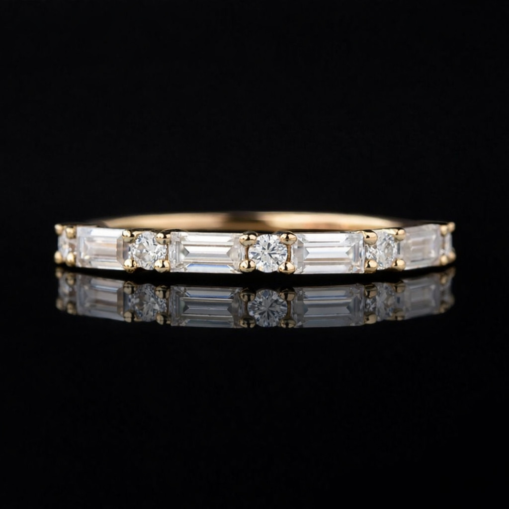 Round & Baguette Lab Grown Diamond Wedding Band, 925 Silver Matching Band