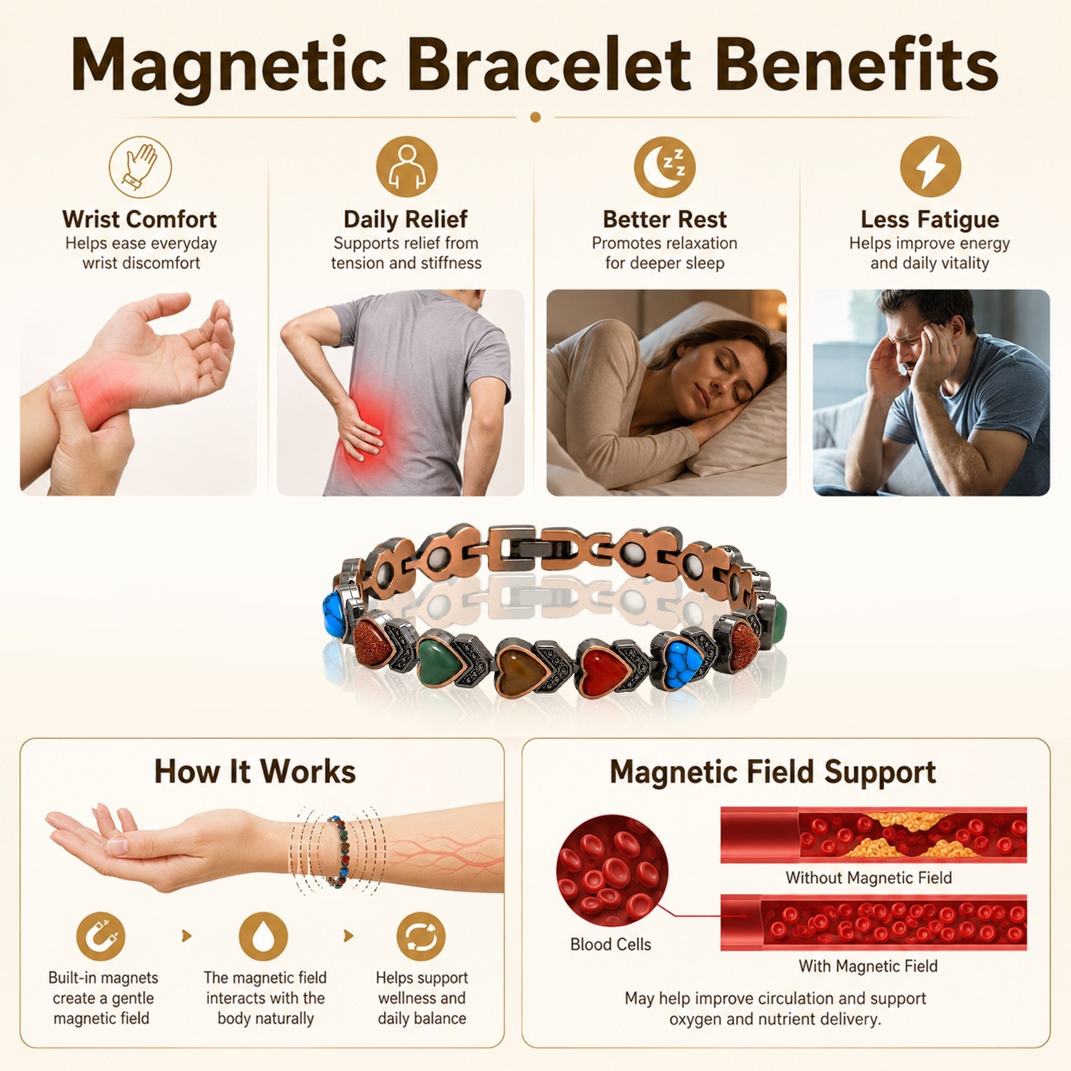 Antique Red Copper Magnetic Bracelet for Adult, Anti-Oxidation Scratch Resistant