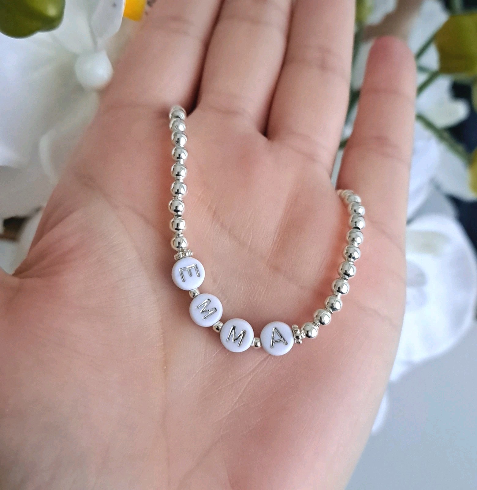 Name or Initial Bracelet Silver Beaded Stretchy Stacking Gift for Women or Kids