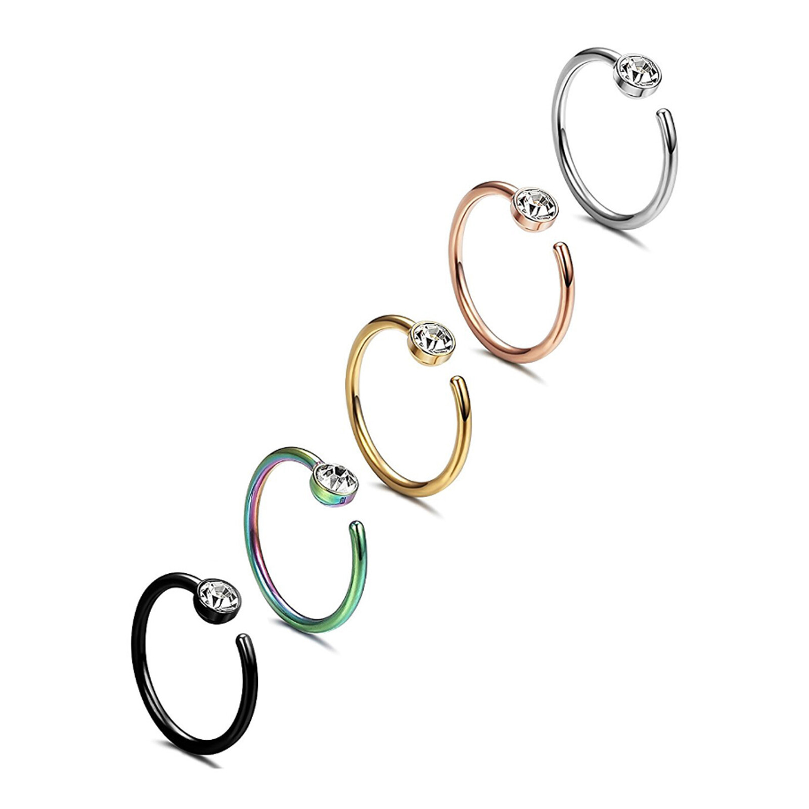 5PCS Nose Ring Hoop Cartilage Ring 18 Gauge 316L Surgical Steel CZ Gem Earrings