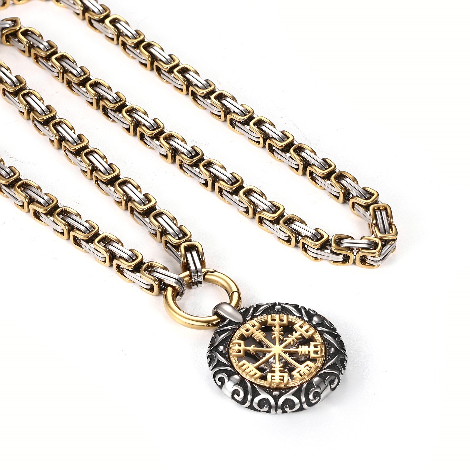 Men’s Viking Heavy Compass Rune Pendant Necklace Byzantine Chain Stainless Steel