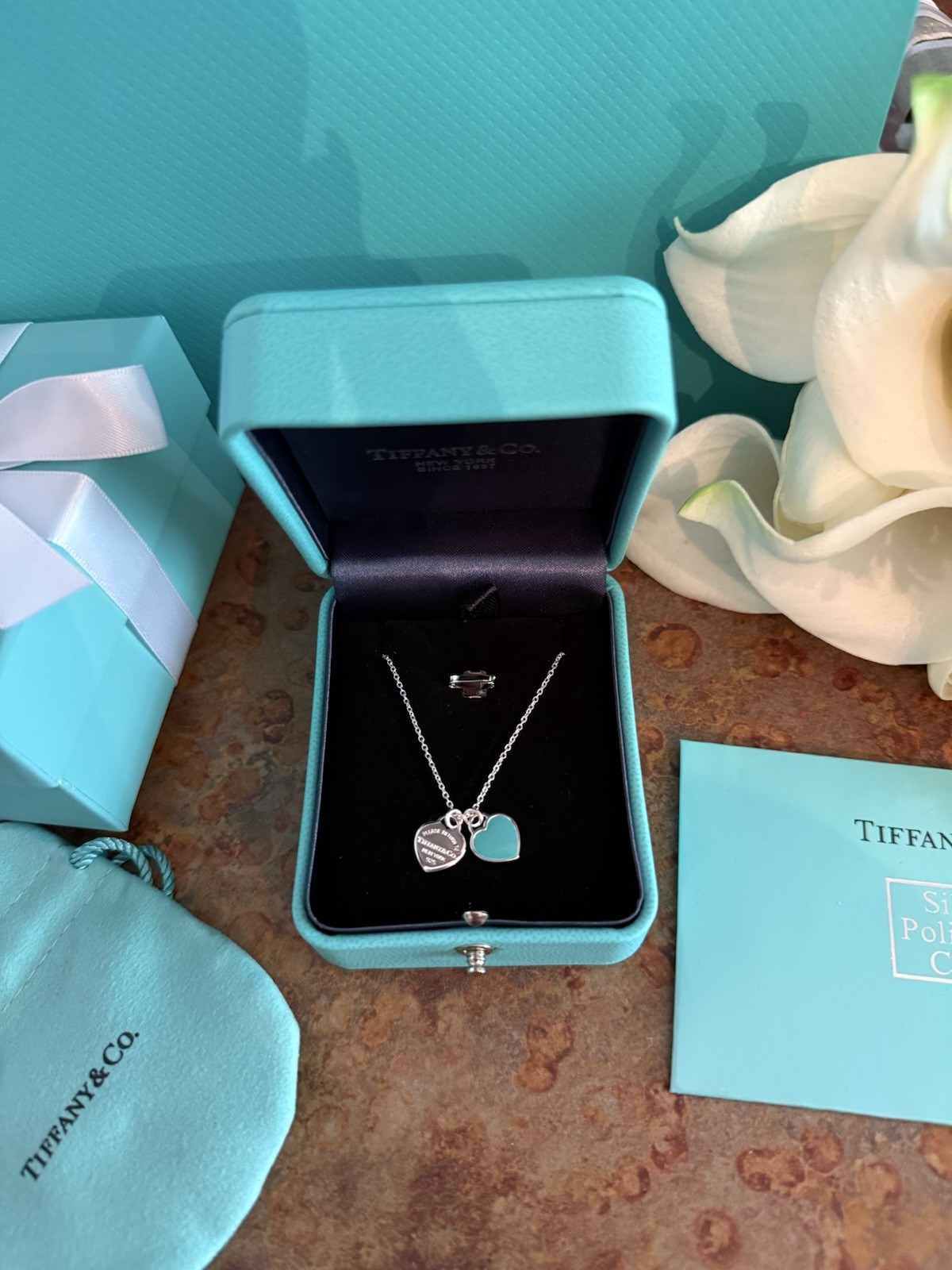 Tiffany & Co. Blue Double Mini Heart Tag Pendant Necklace ( 18” chain )