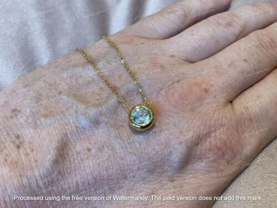 10k Yellow Gold Plated 2Ct Lab Created Diamond Pendant Bezel Set 18″ Neckalce