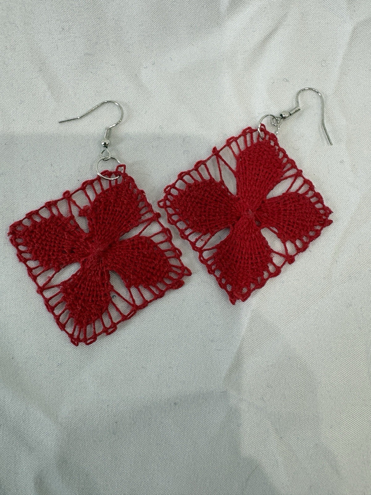 Handmade Red Thread Square Flower Dangle Earrings, French Wire Closure