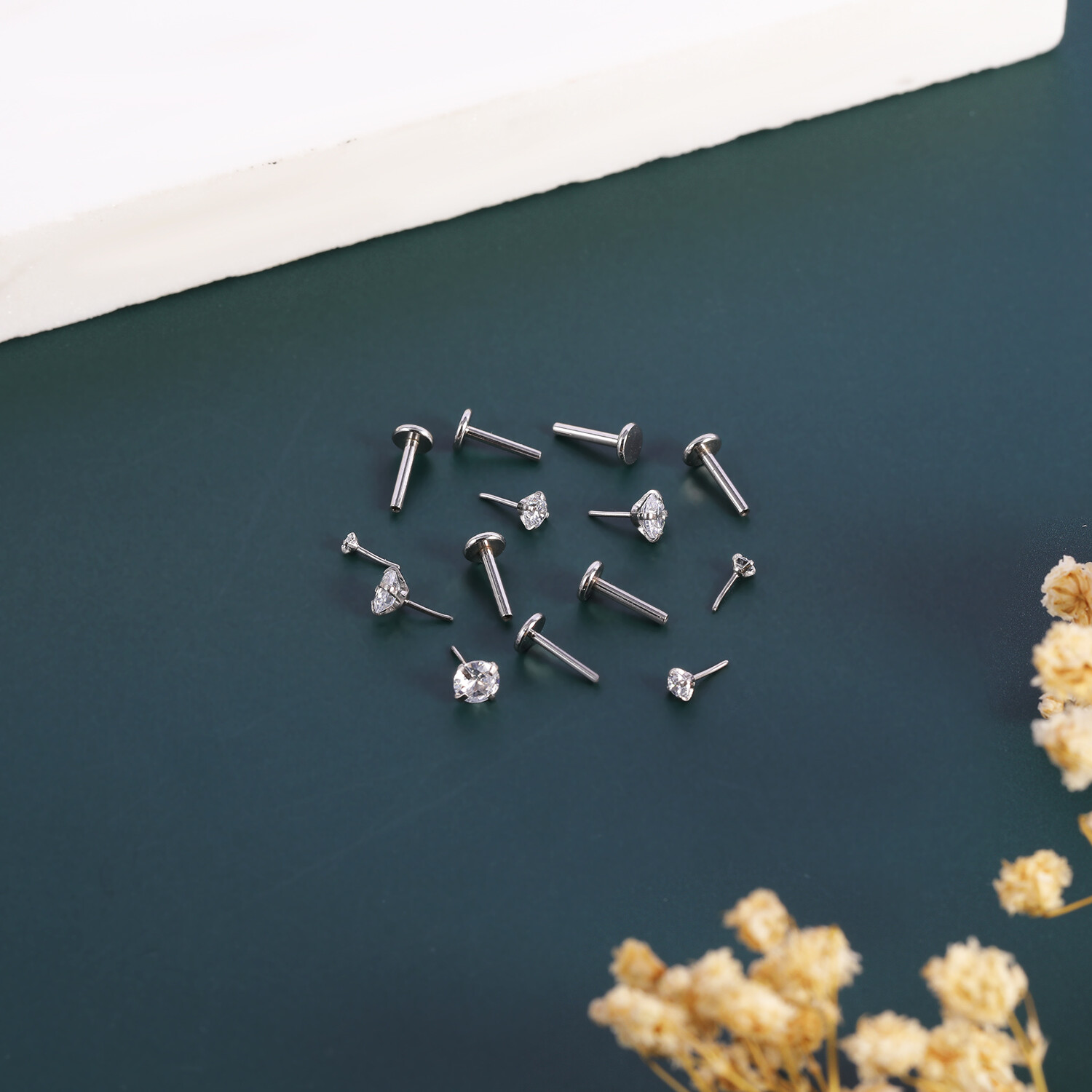 10Pcs Stainless Steel Labret Lip Stud Push in CZ Monroe Ear Helix Conch Piercing