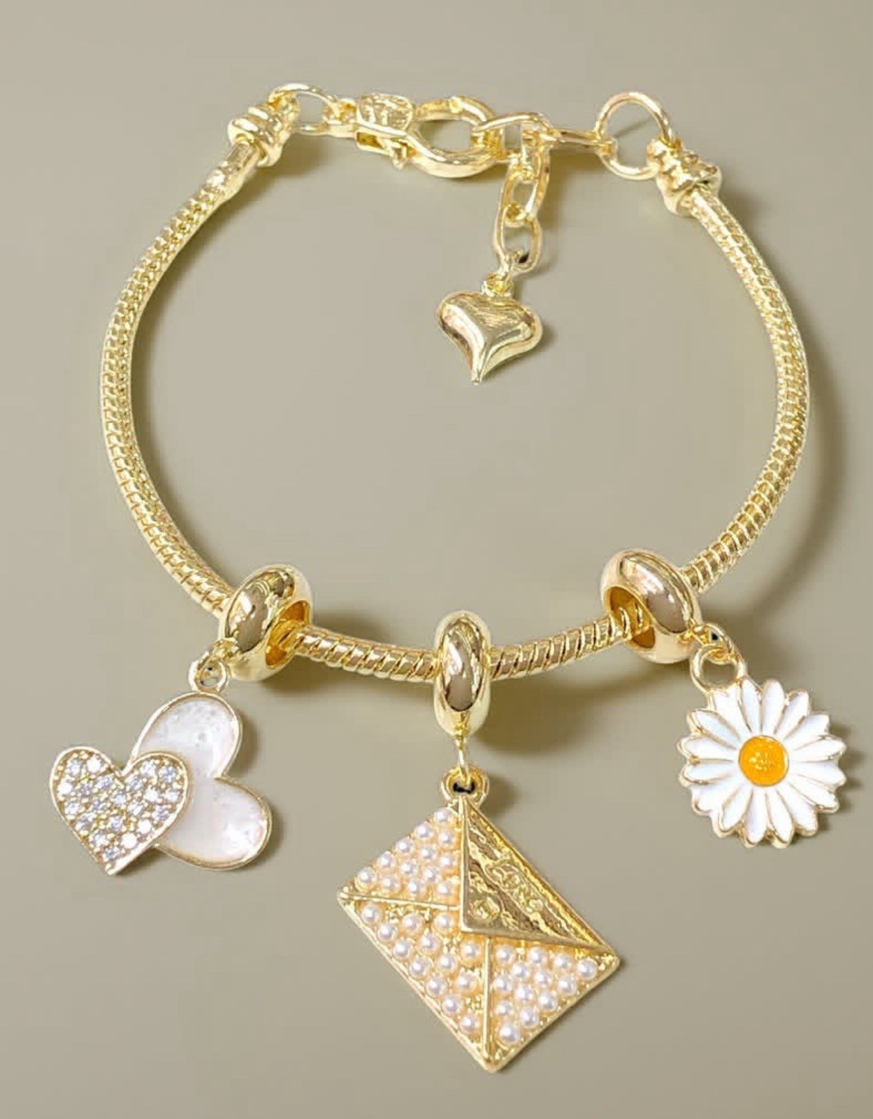 Oro Laminado Gold Filled Love Charm Bracelet 7” Adjustable Made in Italy