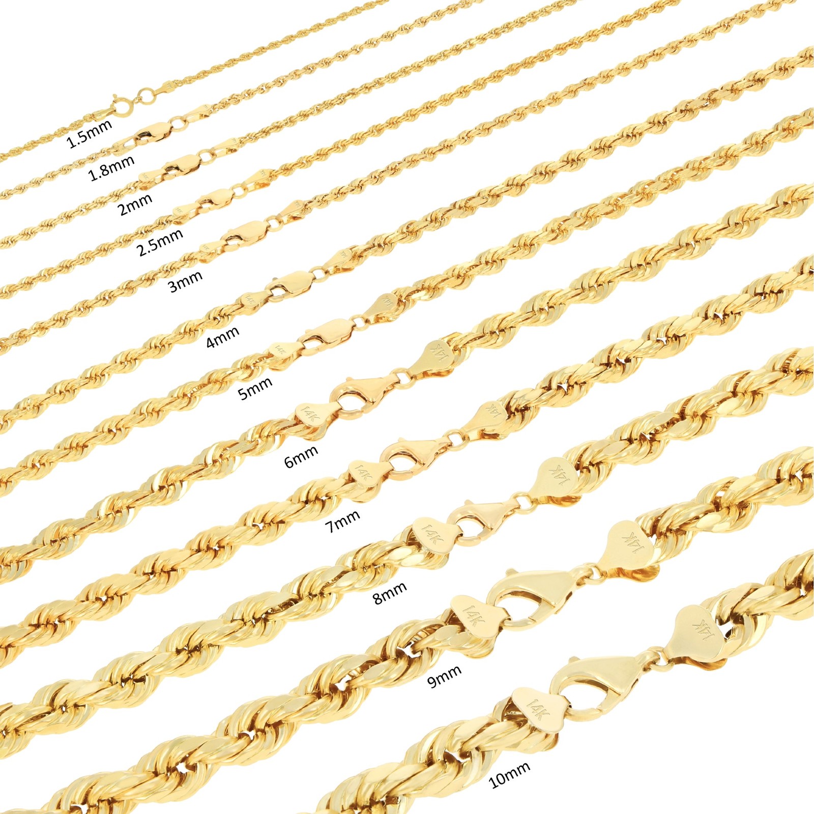 14K Yellow Gold 2mm-10mm D/C Rope Chain Bracelet Mens Women 7″ 7.5″ 8″ 8.5″ 9″
