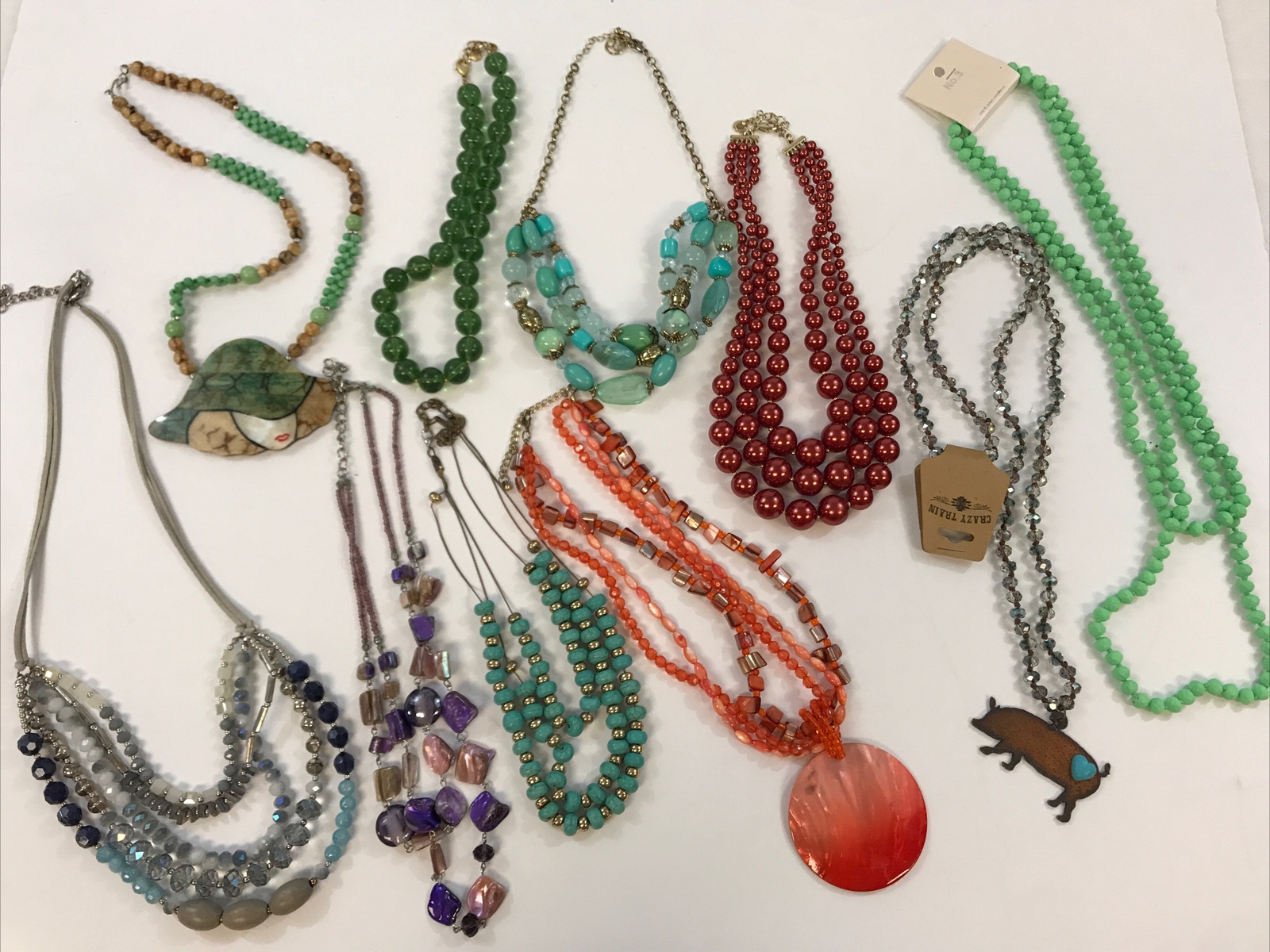 Jewelry Lot 10 Necklaces Statement Multi Strand Pearl Crystal Beads Green Orange