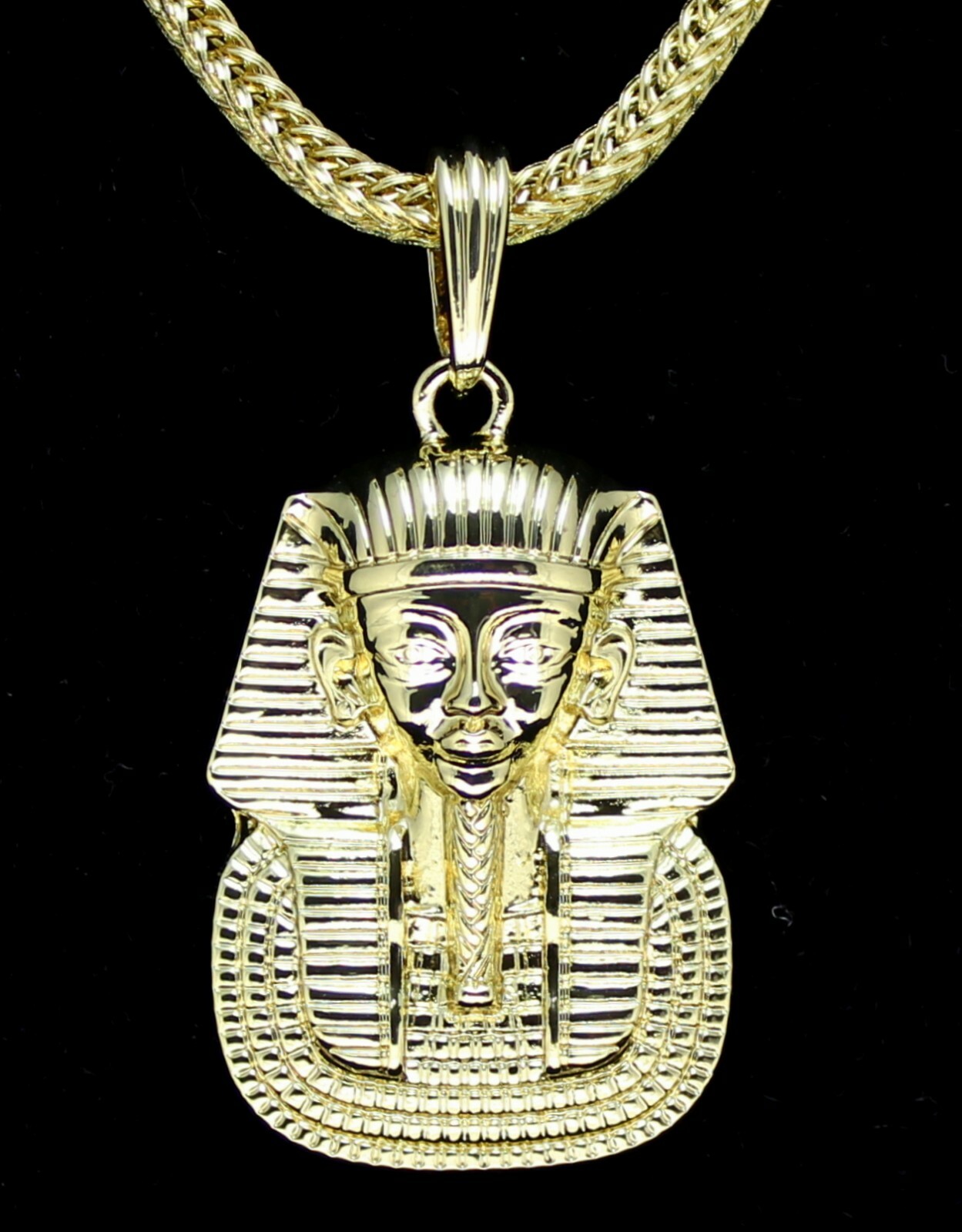 Pharaoh Head Pendant 14k Gold Plated w/ 24″ Franco Chain Hip Hop Necklace