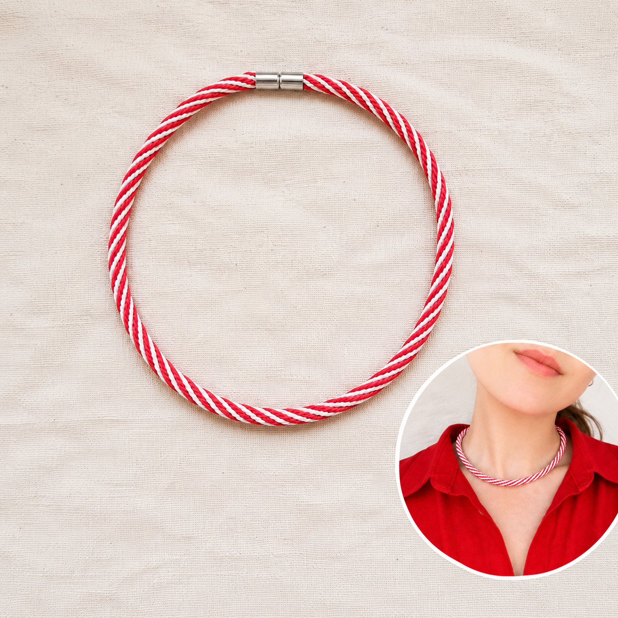 Handmade Braided Kumihimo Cord Necklace Red White Minimalist Jewelry
