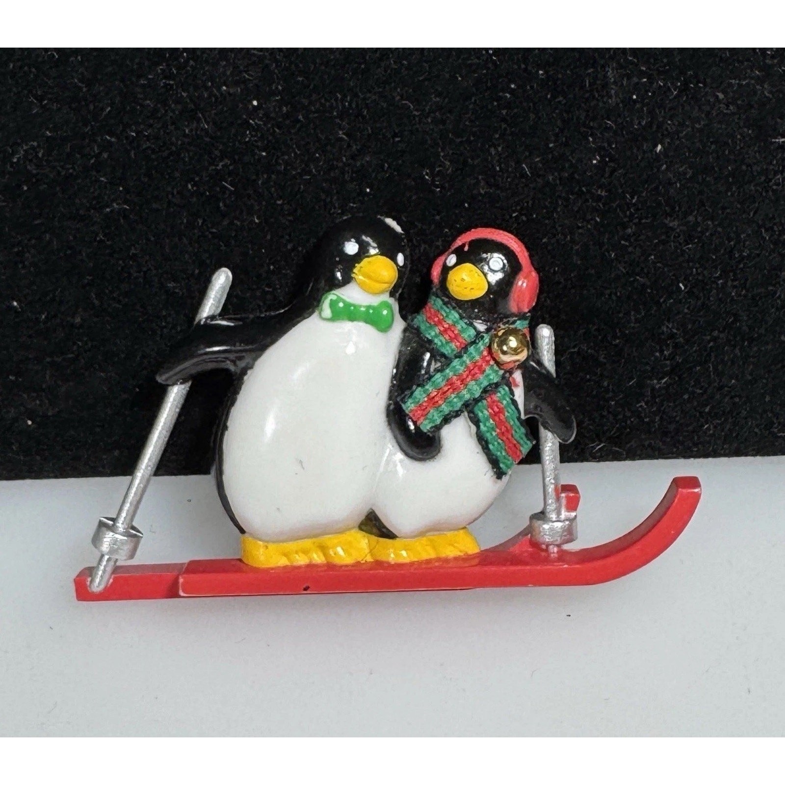 Vintage Brooch Pin Acrylic Christmas Winter Male Female Penguins Skiing 2.25”