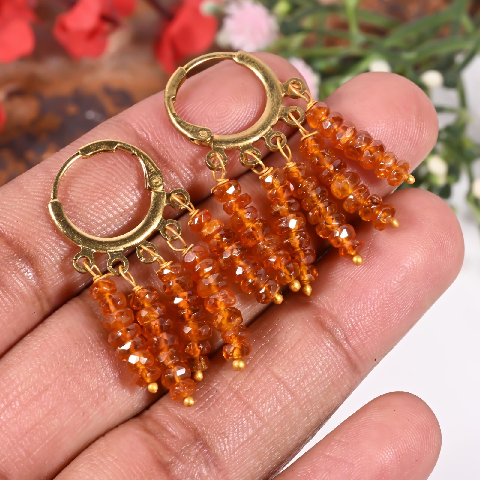 Orange Kyanite Dangle Earrings Handmade Wire Wrapped Faceted Gemstone