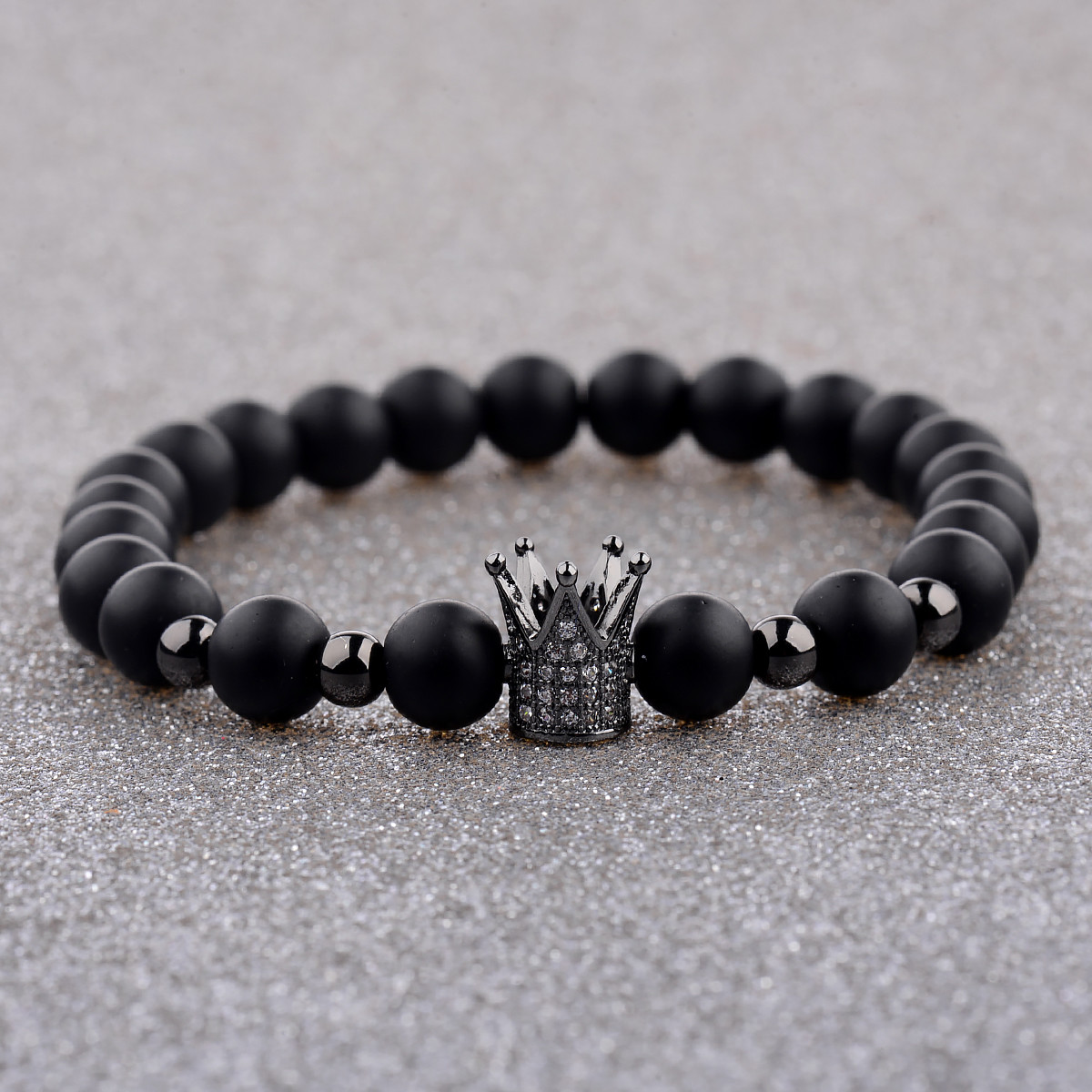 8MM Crown Natural Stone Matte Black Charm Men’s CZ Copper Bead Chuck Bracelet