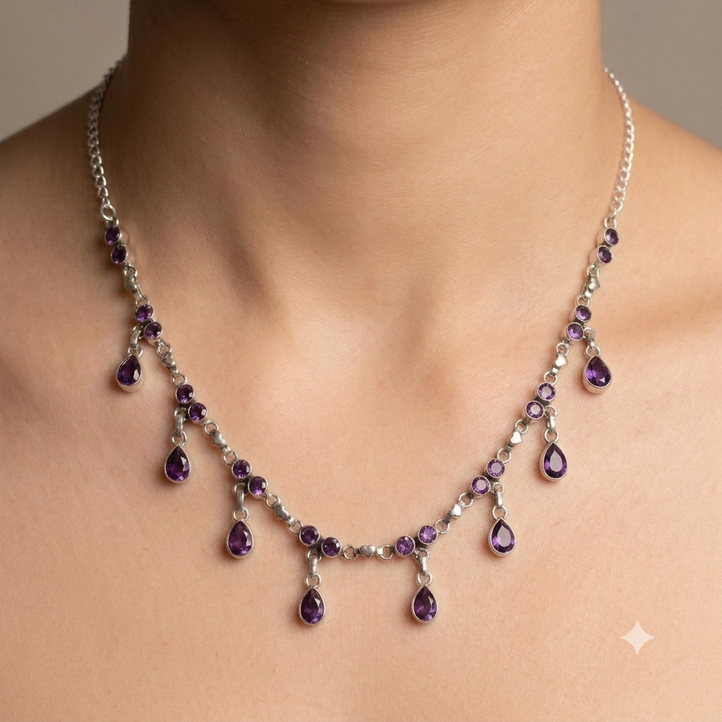 Purple Amethyst Gemstone Handmade 925 Sterling Silver Jewelry Necklace Sz-17-18″