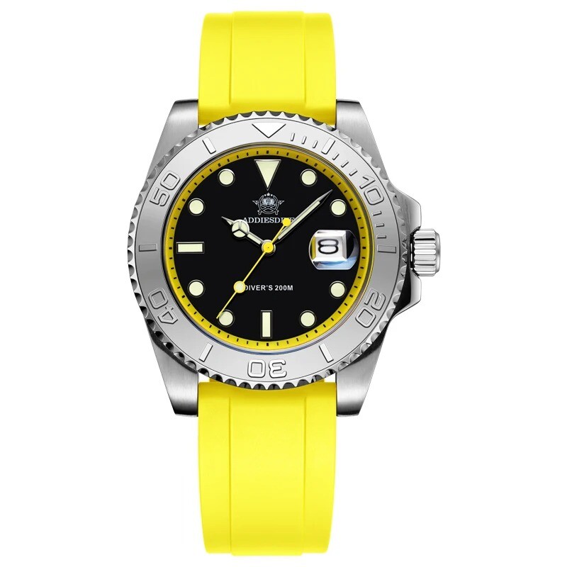 Addiesdive 41mm Quartz Dive Watch 200m Silver Stainless Steel Bezel Rubber Strap