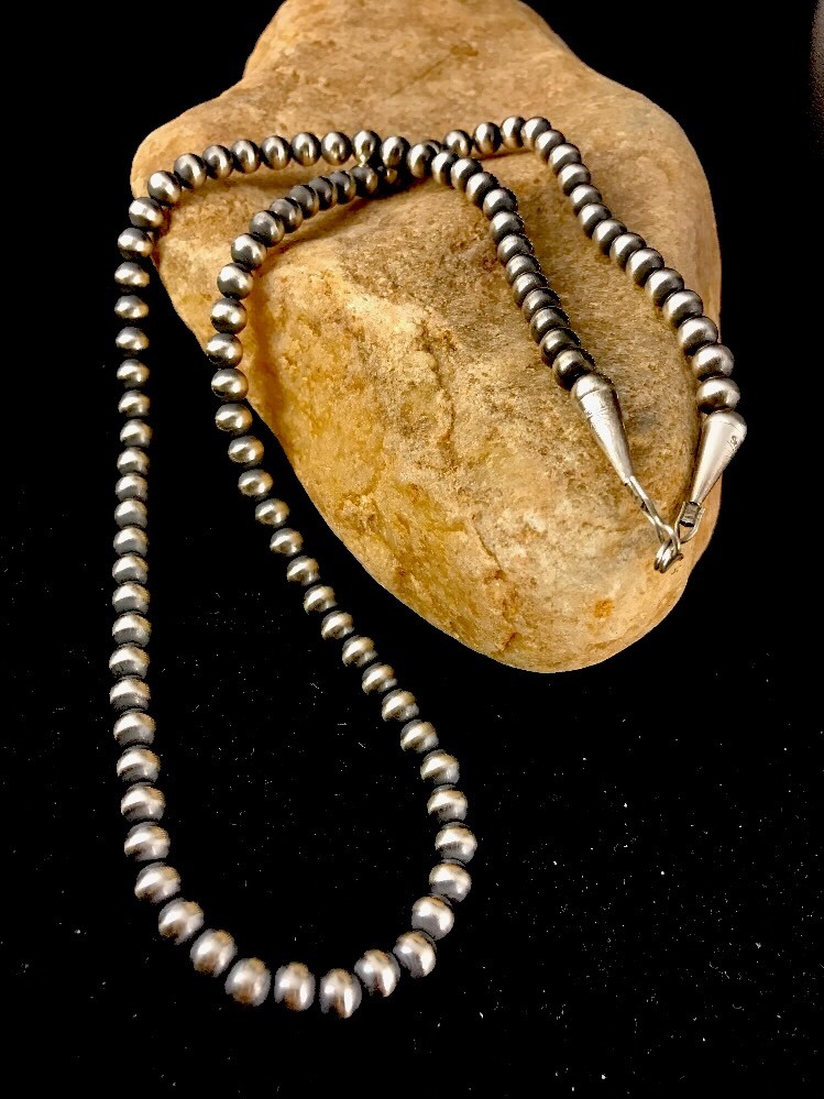 Southwestern 3mm Sterling Silver Pearls 20″ Hook Eye Cone Necklace