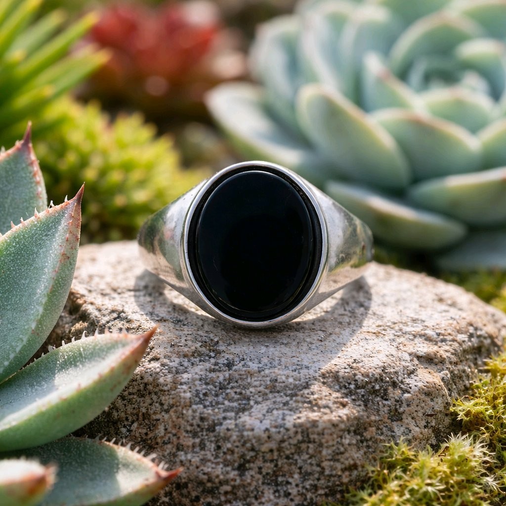 Sterling Silver 925 Mens Smooth Plain Band Oval Black Onyx Ring