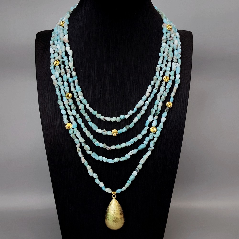 5 Strands Natural Blue Larimar Beads Teardrop Pendant Layered Necklace