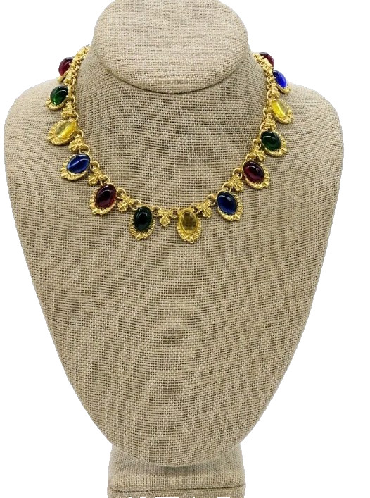Gripoix Style Necklace Red Yellow Blue Green Matte Gold Tone Poured Resin 17 in