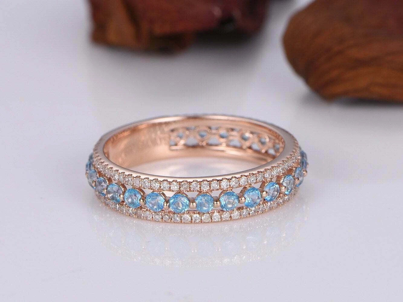 1.50Ct Round Cut Aquamarine Half Eternity Wedding Band Ring 18K Rose Gold Finish