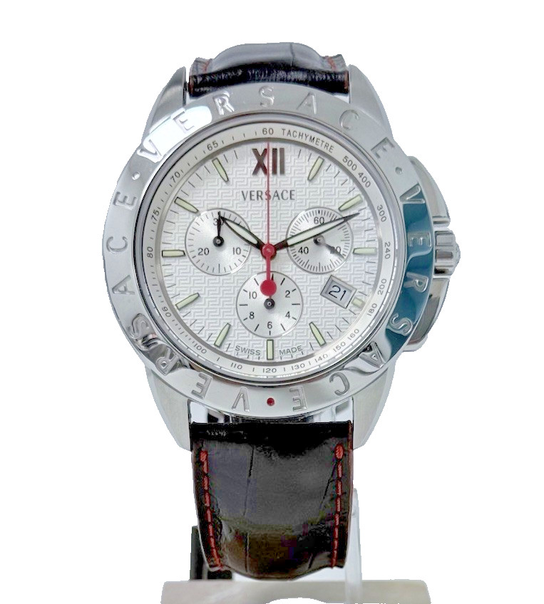 Versace V-Sport Men’s White Chronograph Dial BlackRed Leather Strap Watch 12C99