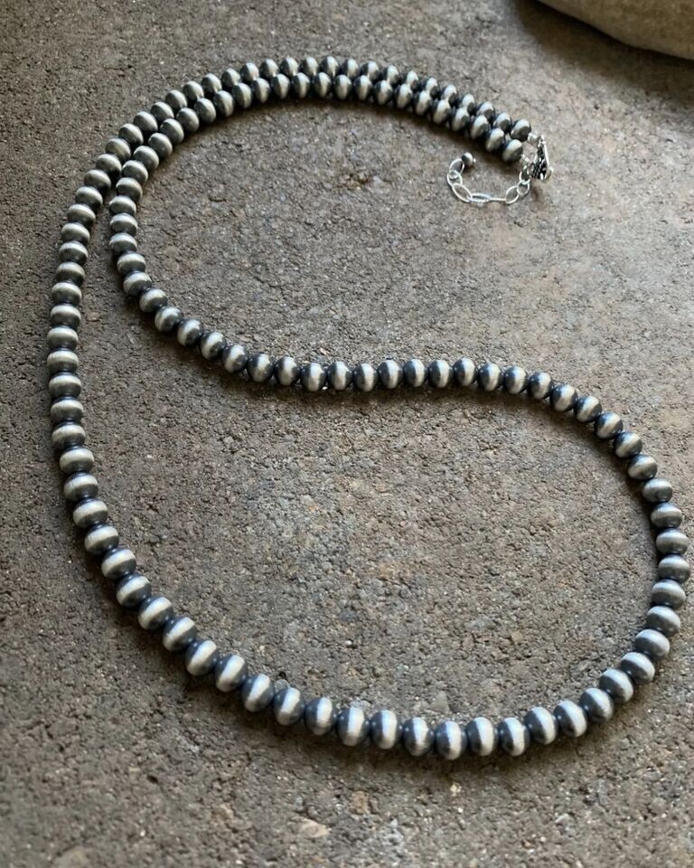 7mm 30 Inch 925 Sterling Silver Oxidized Pearls Bead Necklace Southwestern