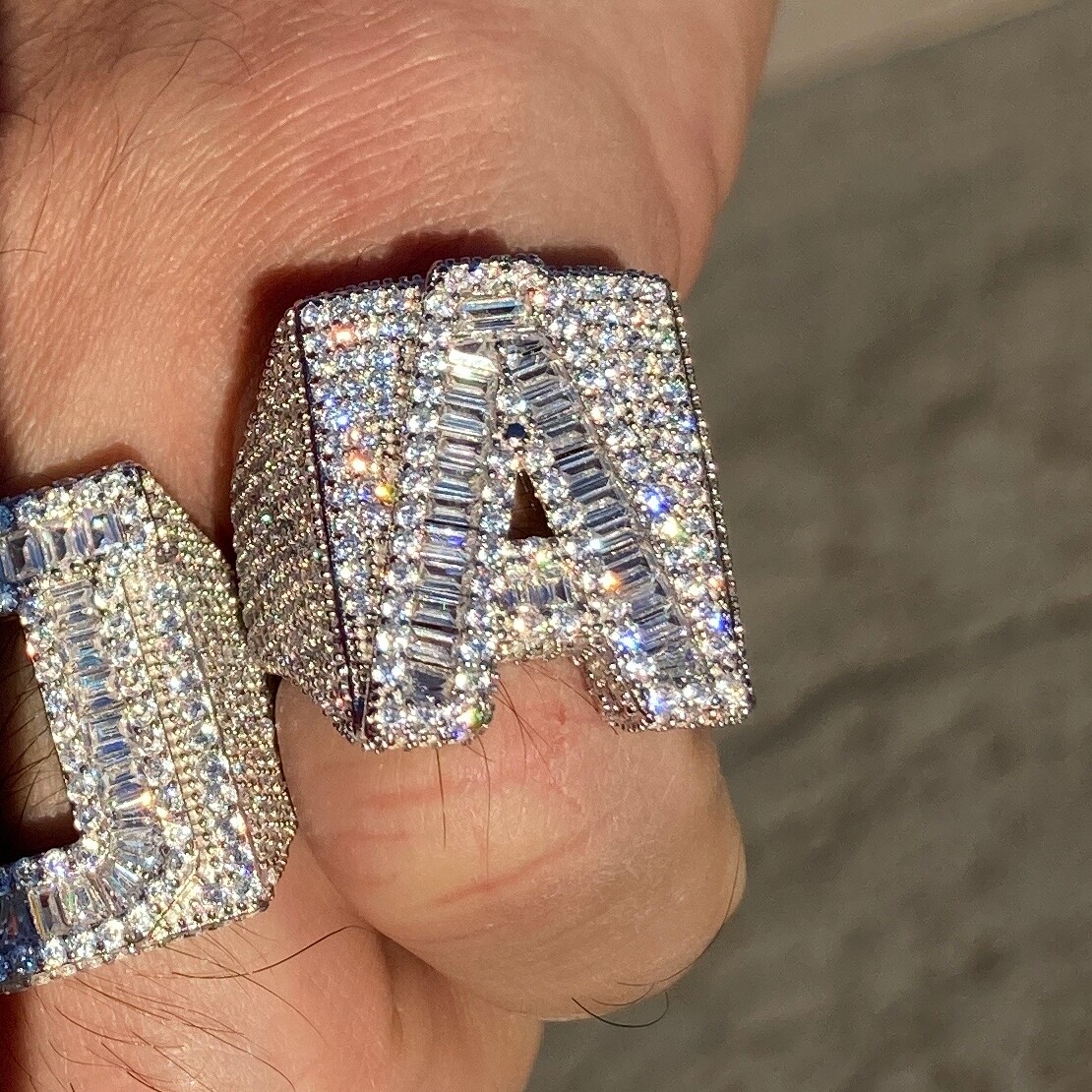 925 Sterling Silver Initial Block Letters Iced Baguette Flooded Out CZ Ring A-Z