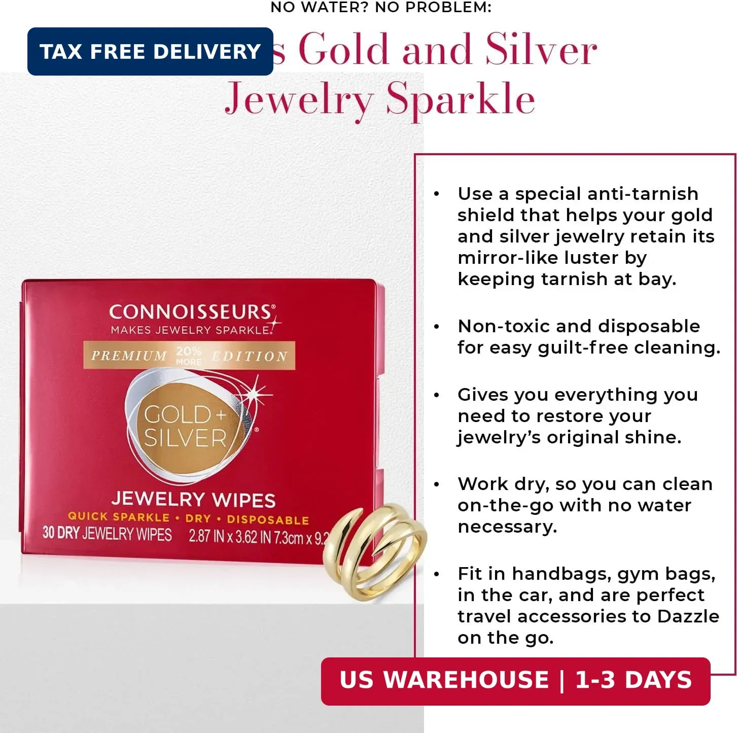 CONNOISSEURS Premium Edition Compact Jewelry Wipes No Rinse Gold and Silver Jewe