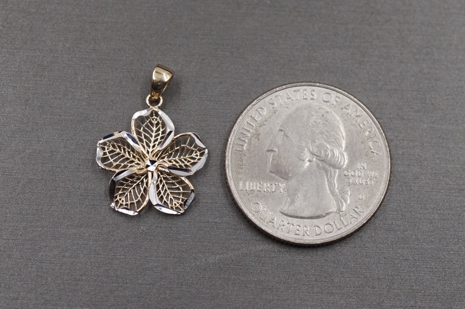 14K Solid Yellow Gold 0.85″ Fancy Two Tone Diamond Cut Flower Charm Pendant.