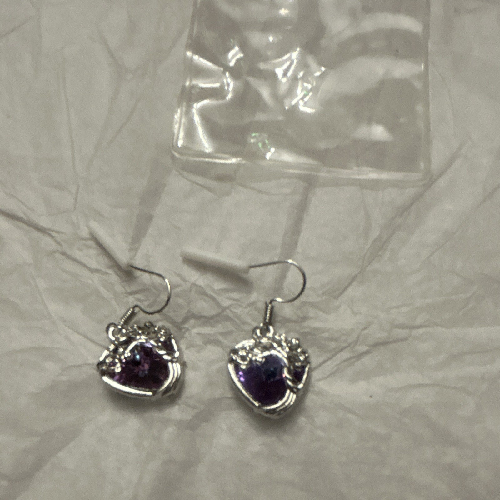 Iridescent Heart Crystal Dangle Drop Hook Earrings Silver Tone