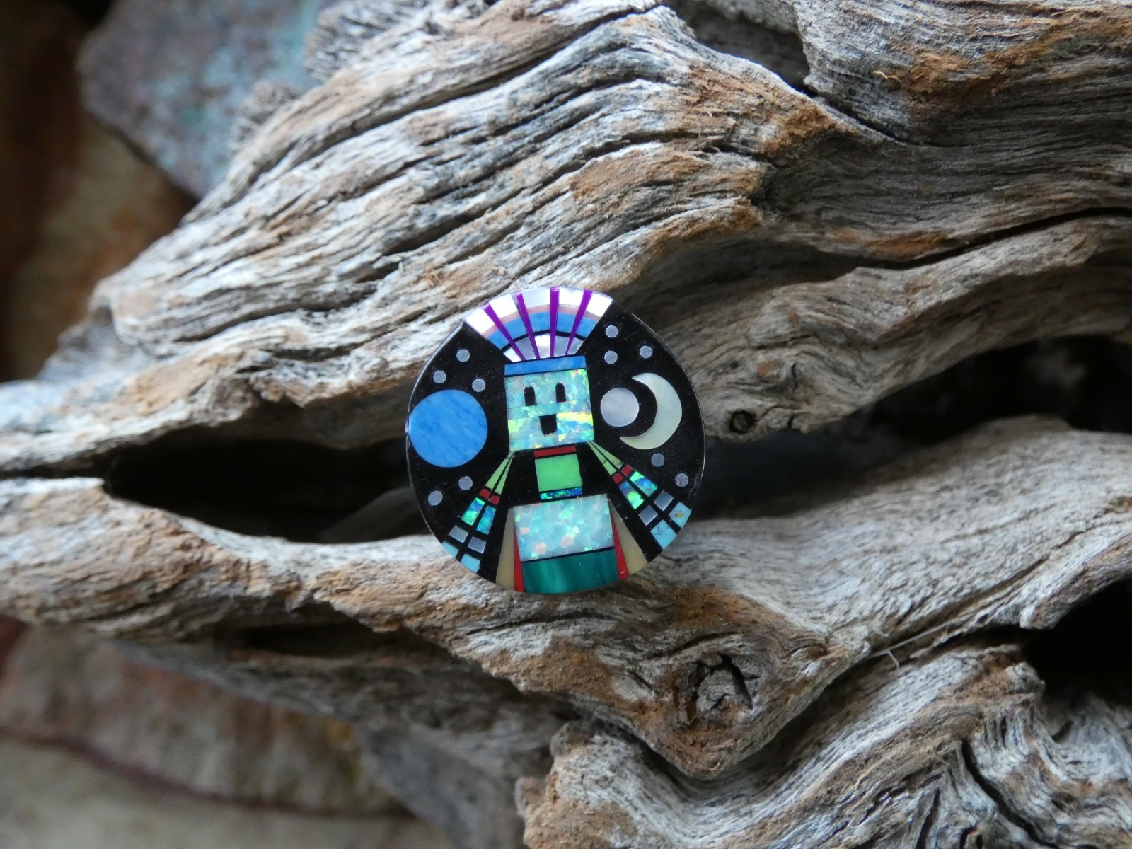 Kachina Micro Inlay Gemstone Aluminum Sterling Silver Alloy Size 10 Ring AS79