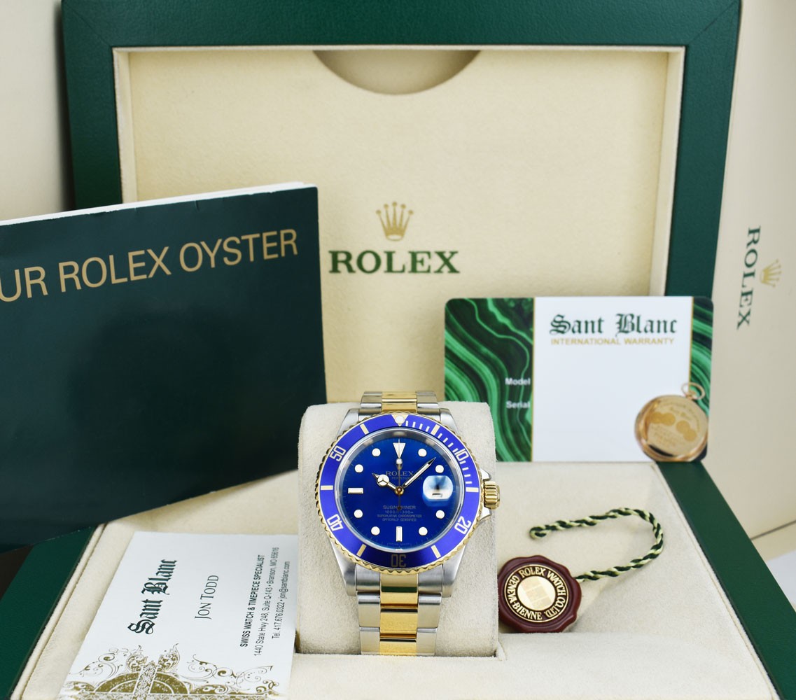 ROLEX 18kt Gold & Stainless Steel Submariner Blue Dial No Holes 16613 SANT BLANC