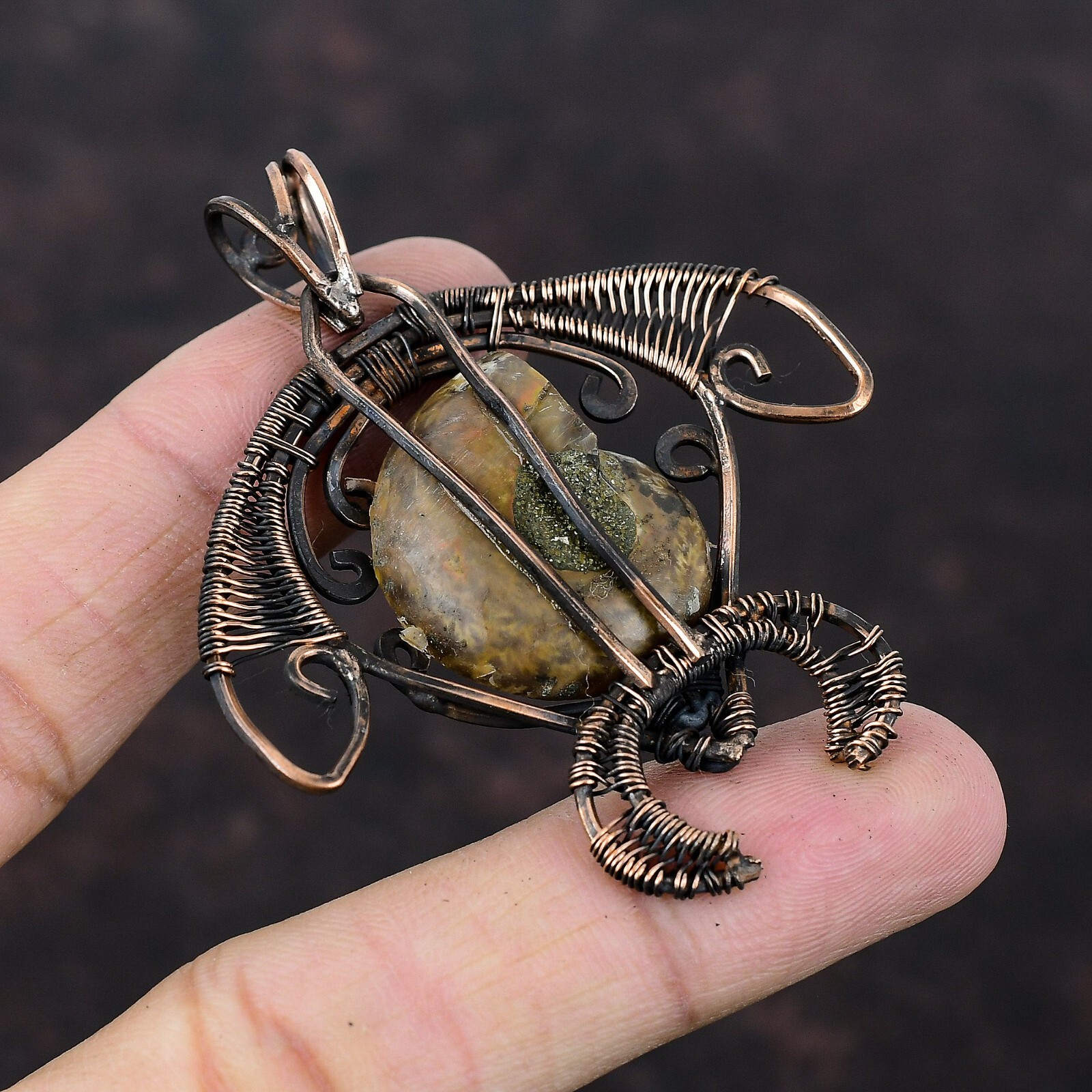 Gift For Her Copper Ammonite Fossil Jewelry Wire Wrapped Tortoise Pendant 2.56″