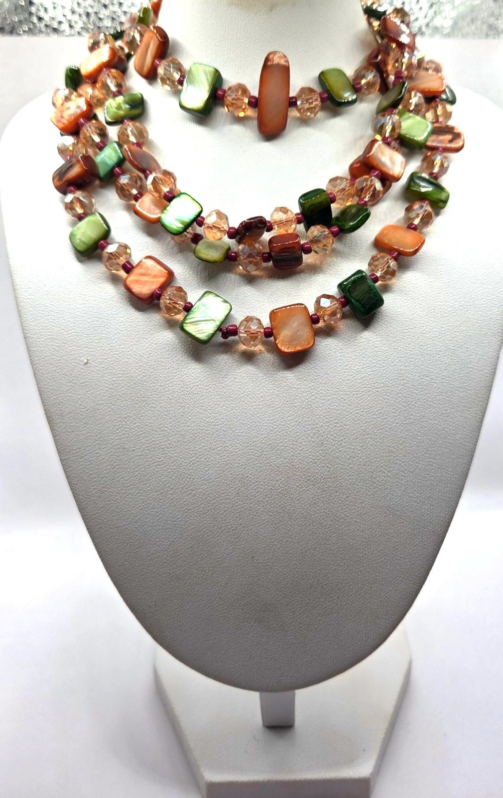 Multicolor Shell & Crystal Beaded Layered Necklace Green & Orange Statement