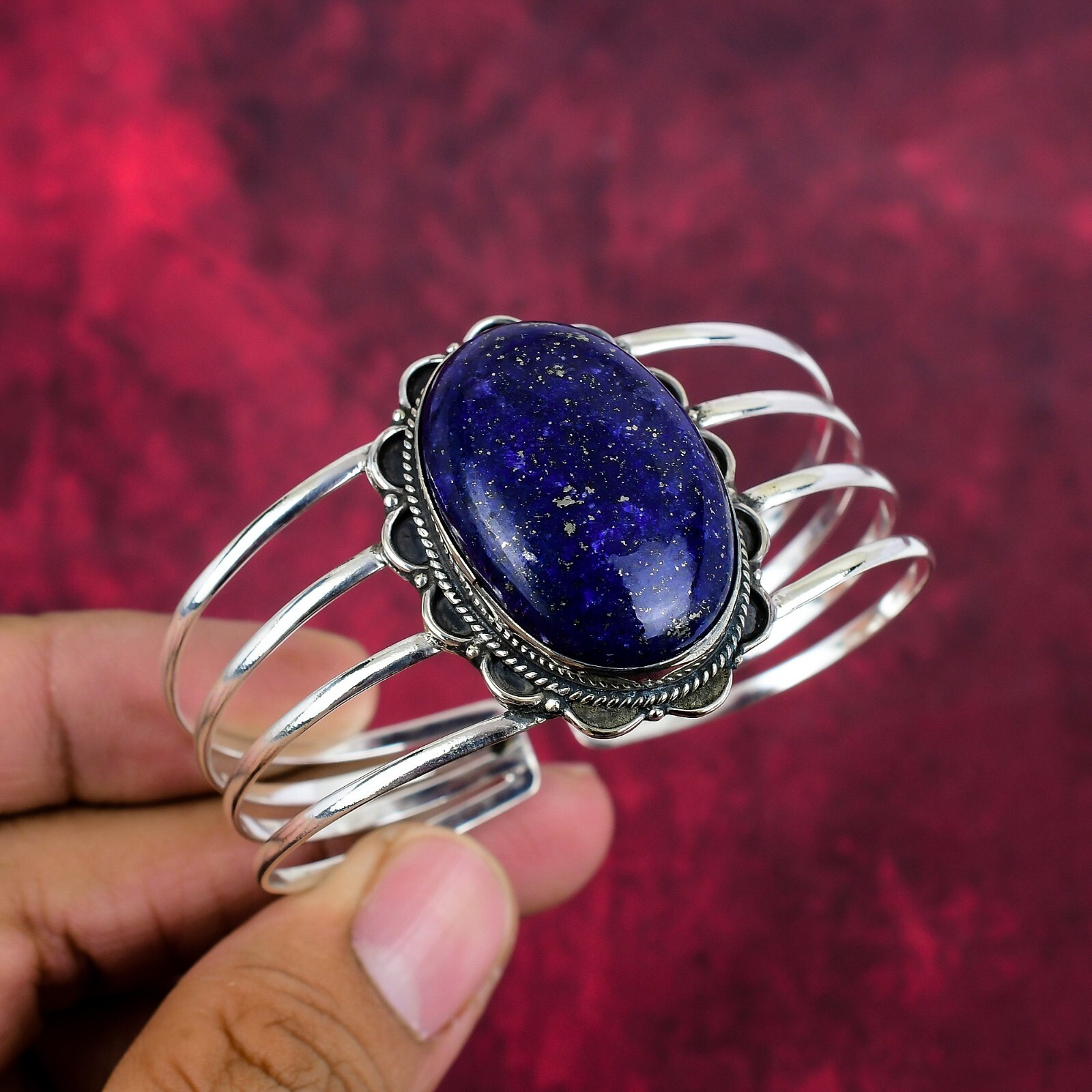 Lapis Lazuli Gemstone Handmade 925 Sterling Silver Adjustable Bangle Jewelry