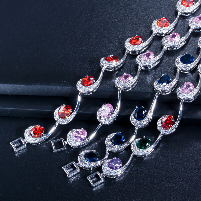Silver Plated Multicolor Cubic Zircon Oval Charms Bracelet Fine Jewelry for Lady