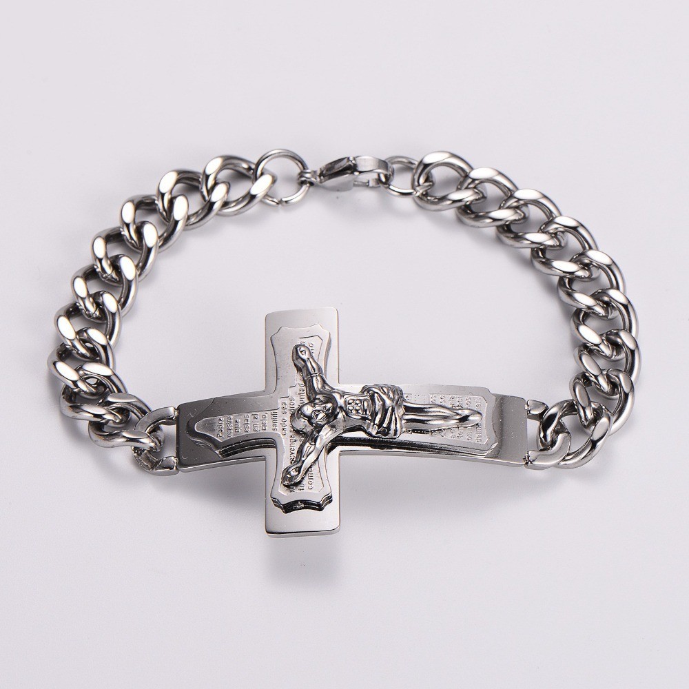 Stainless steel Scripture Jesus Christ Crucifix Religious Cross Curved Bracelet