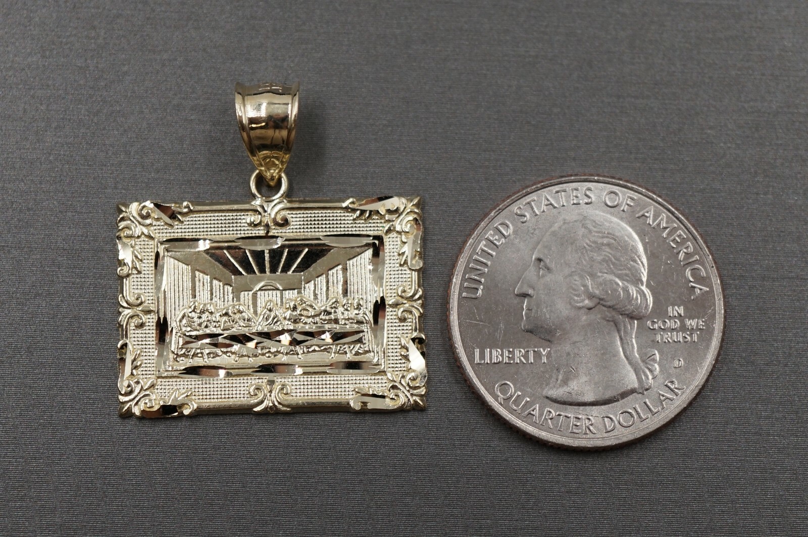 10K Solid Yellow Gold 1.15″ Diamond Cut Picture Flame Last Supper Charm Pendant.
