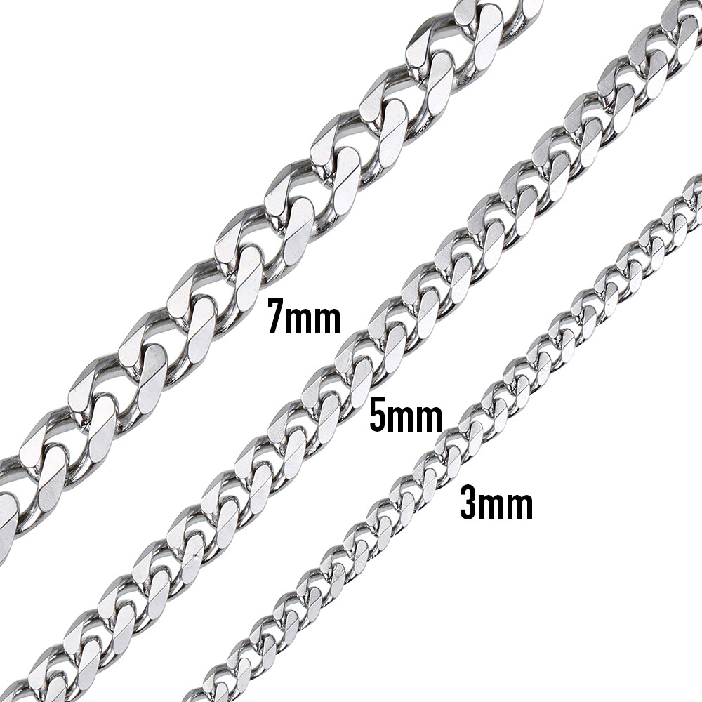 3/5/7mm Silver Tone Curb Cuban Link Chain Necklace Stainless Steel For Men Women