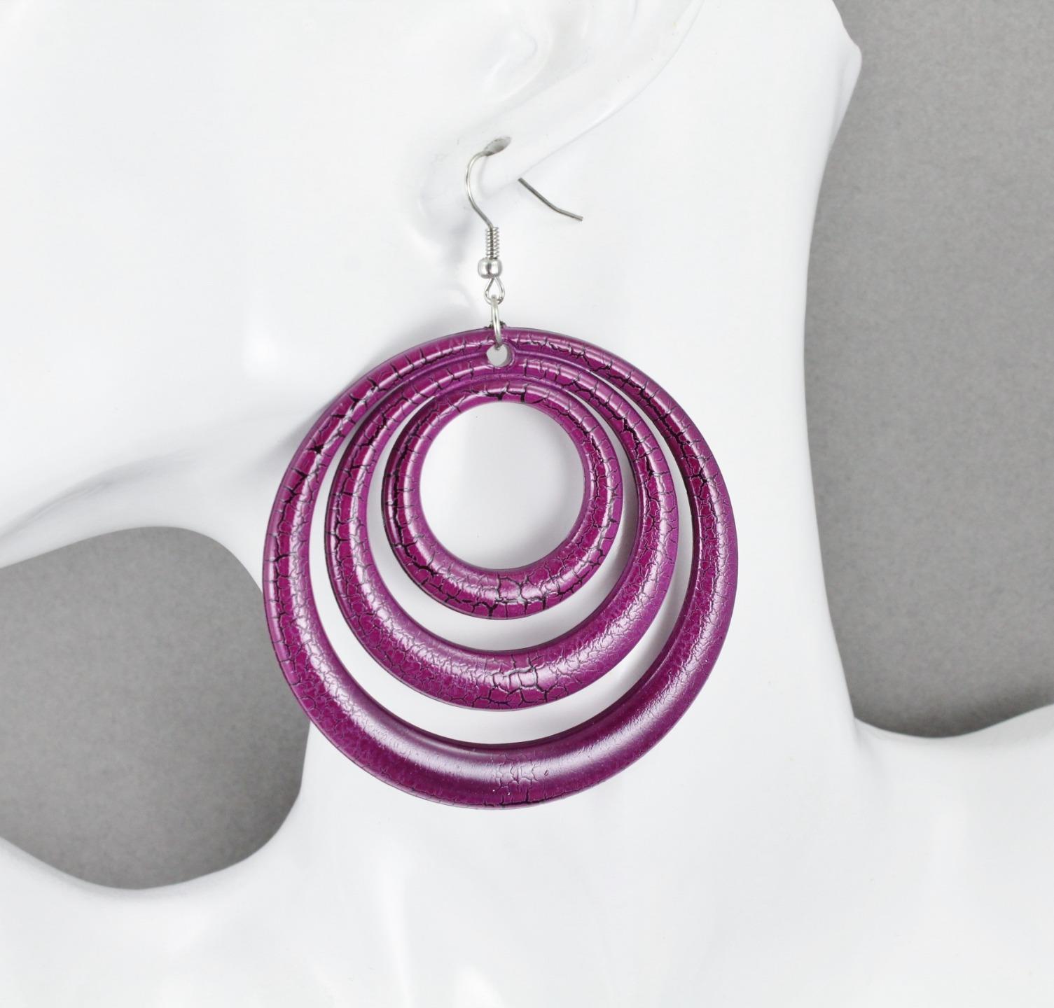 Purple Black earrings lightweight dangle round circle plastic disc 3.25″ long