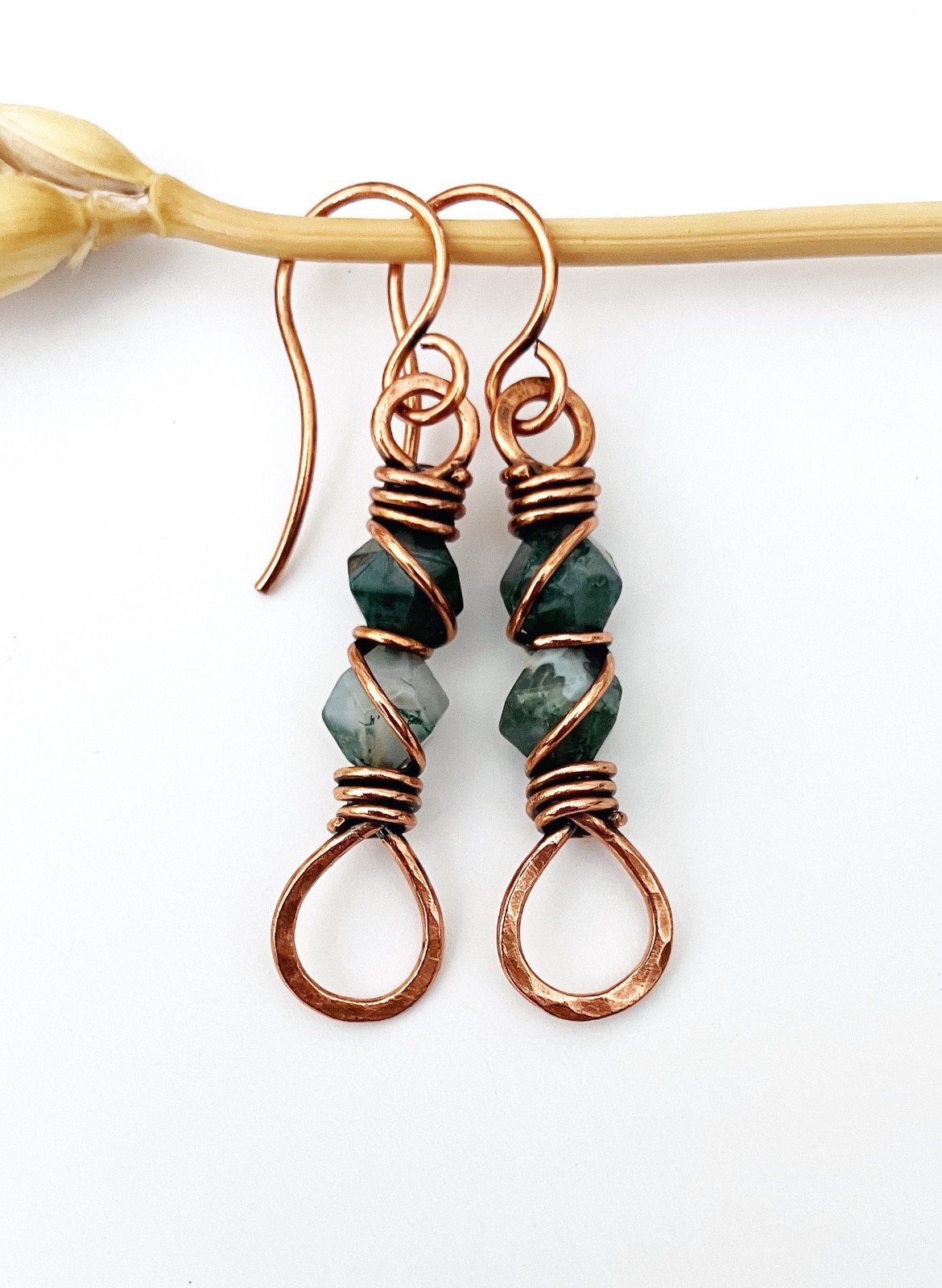 Wire Wrapped Moss Agate Dangle Drop Earrings Copper Crystal Bohemian Jewelry